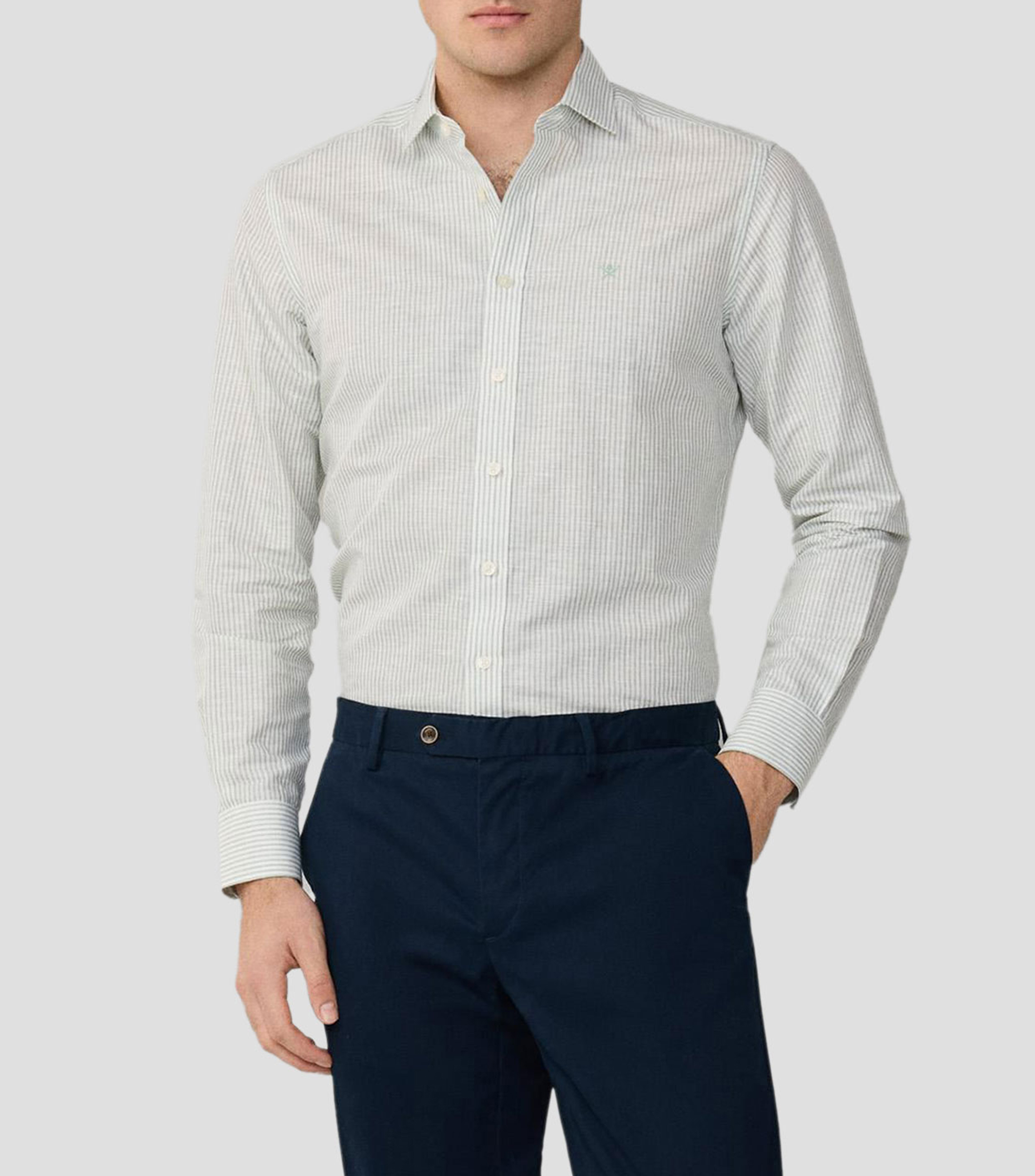 Camisa de rayas en lino con manga larga Hombre